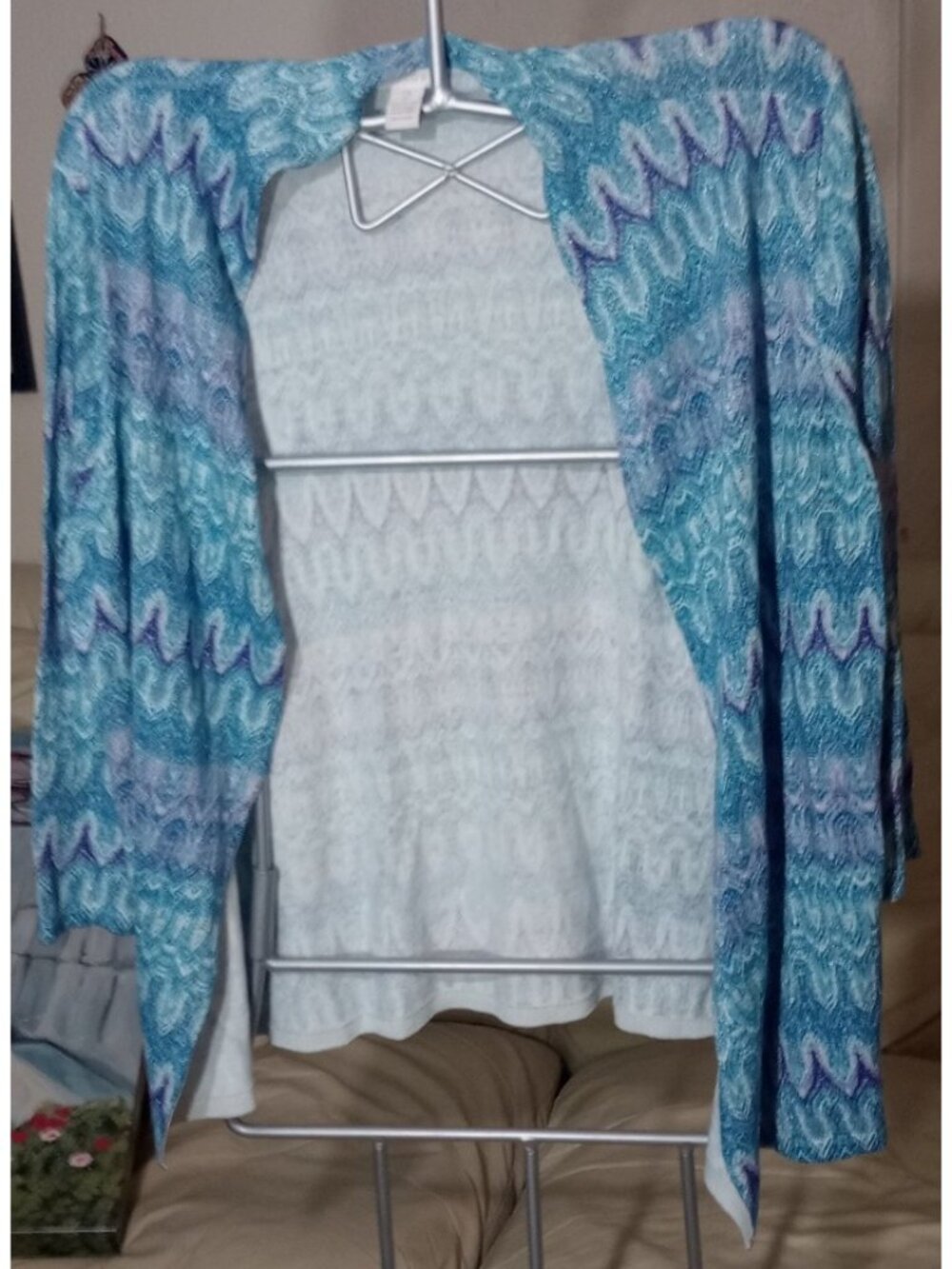 CHICO'S Cardigan  Women's Blue Multi Color Open Front Top Size 2